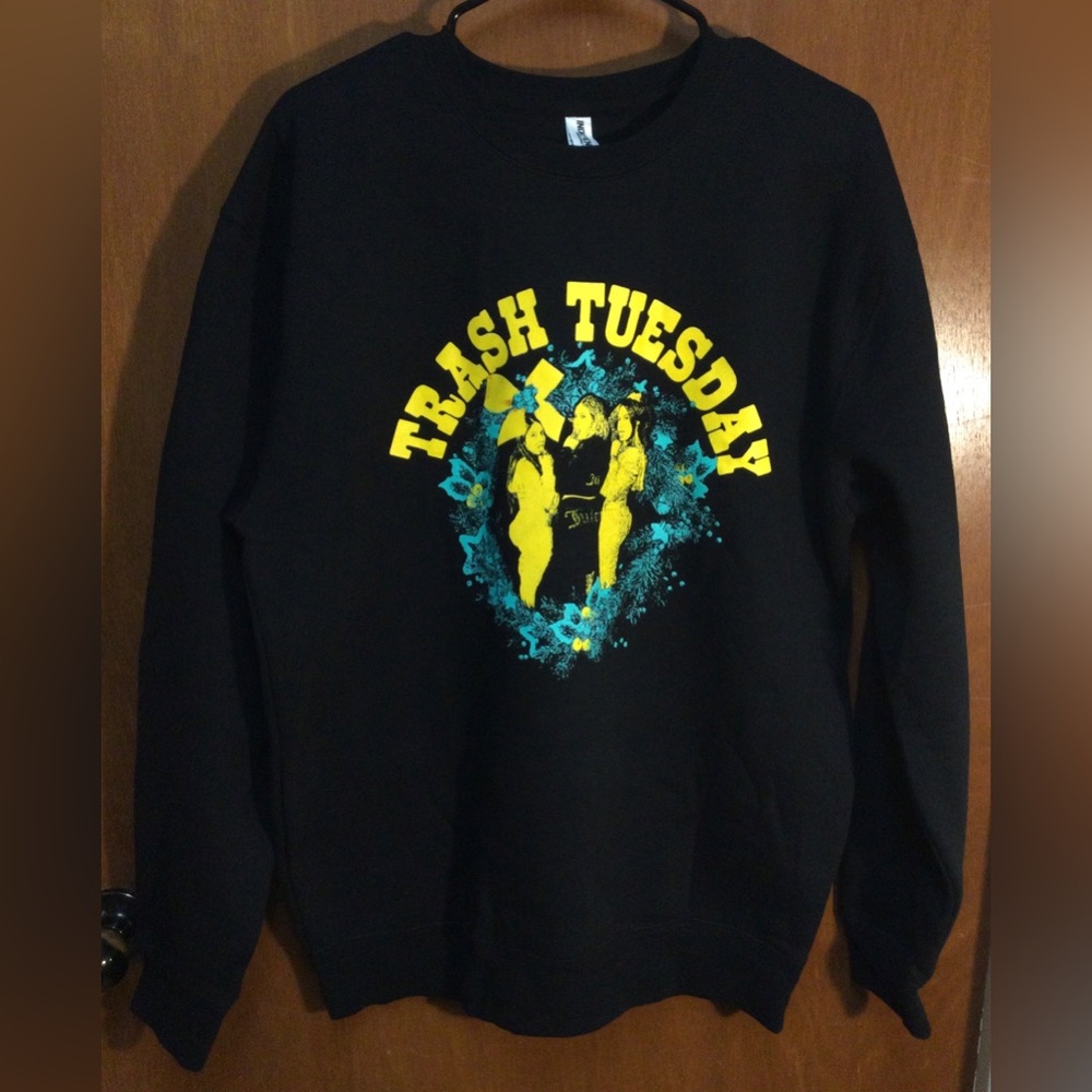 Trash Tuesday Podcast Sweatshirt Size Medium Black Yellow Blue Crew Neck NWOT